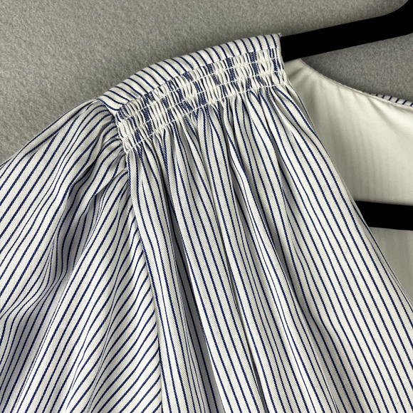 Alex Marie Fit Flare Dress Womens 10 Pinstripe Cinch Puff Sleeve Classy Minimal - Picture 6 of 14